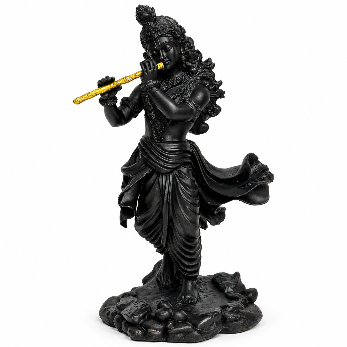 Shri Krishna Ji Flute Idol – Black Finish with Golden Bansuri