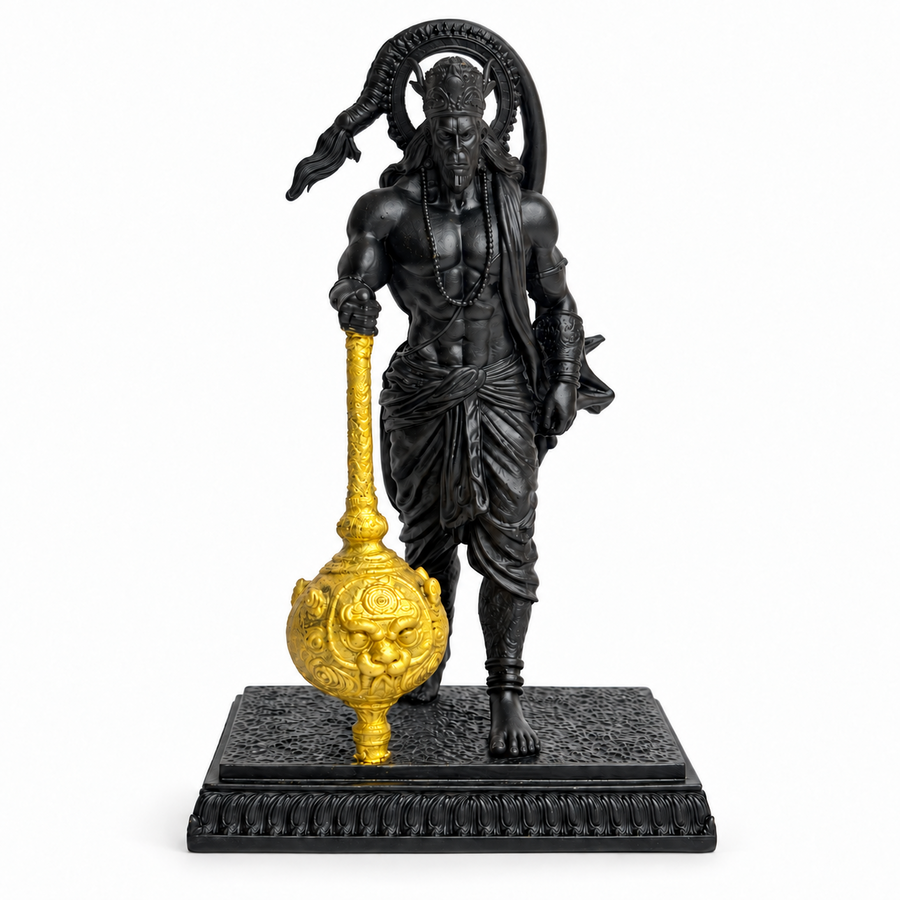 Walking Hanuman Ji black finish golden gada front view