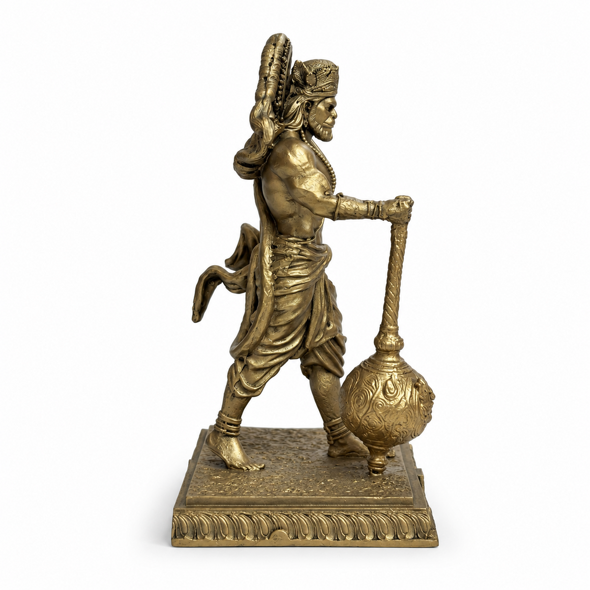 Antique gold Hanuman Ji idol with gada, alternate side view
