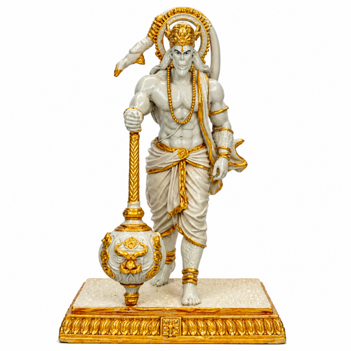 White and gold marble-finish Hanuman Ji standing idol front view