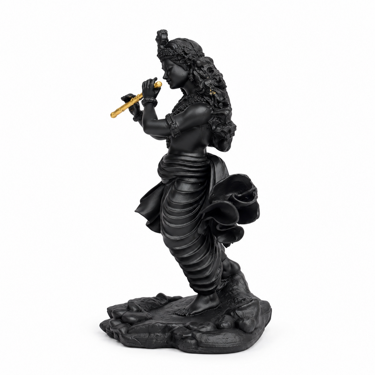 Shri Krishna black idol with golden flute view 1