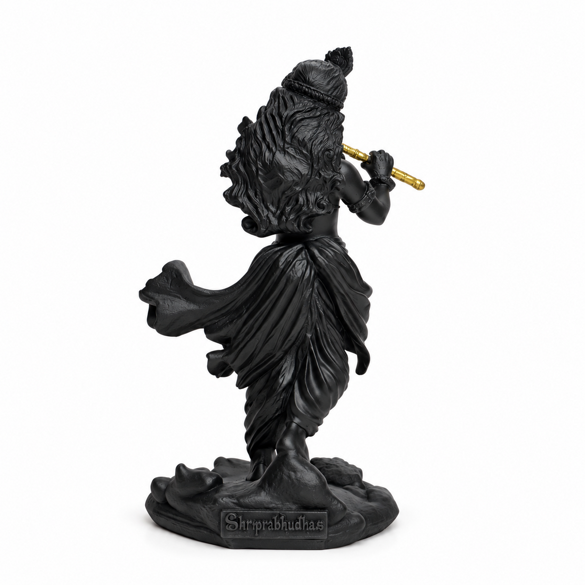 Shri Krishna black idol with golden flute view 2