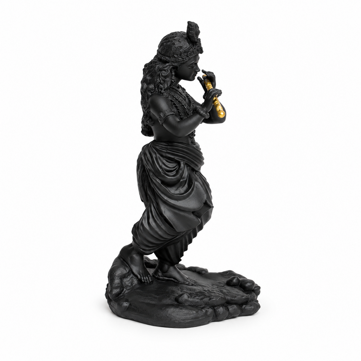 Shri Krishna black idol with golden flute view 3