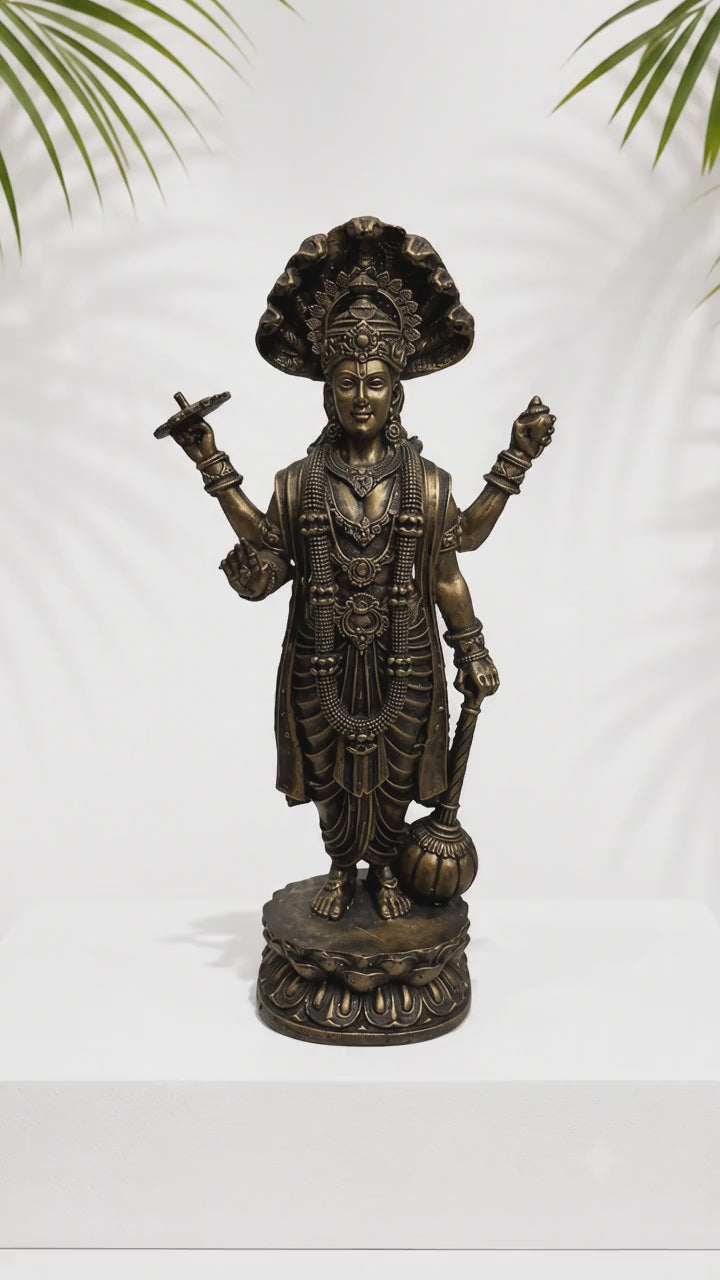 Lord Vishnu Ji Idol with Sheshnag – Antique Black Gold Devotional Statue