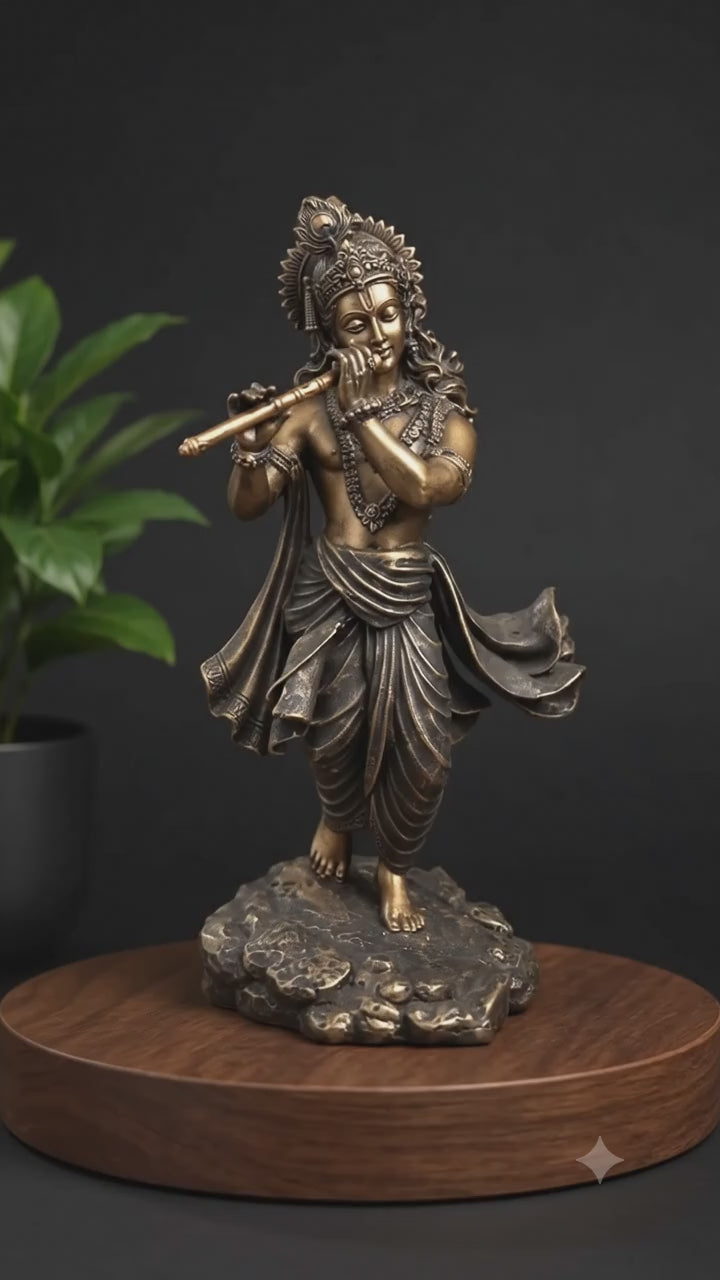 Shri Krishna Ji Bansuri Idol – Antique Black Gold Devotional Statue