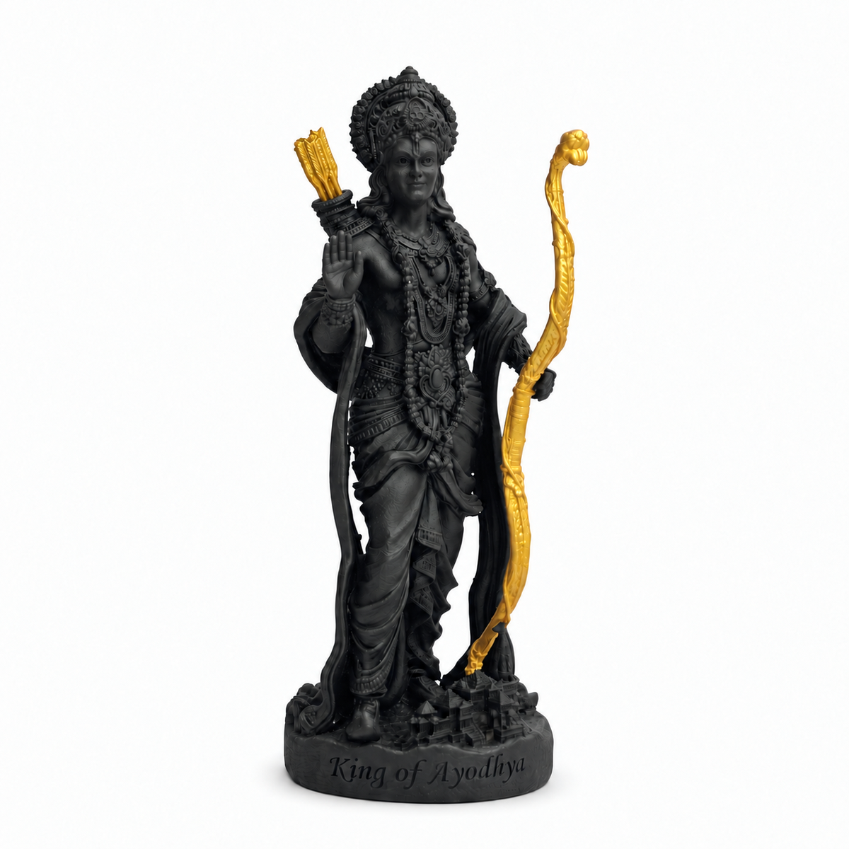 Shri Ram idol front view black finish gold bow