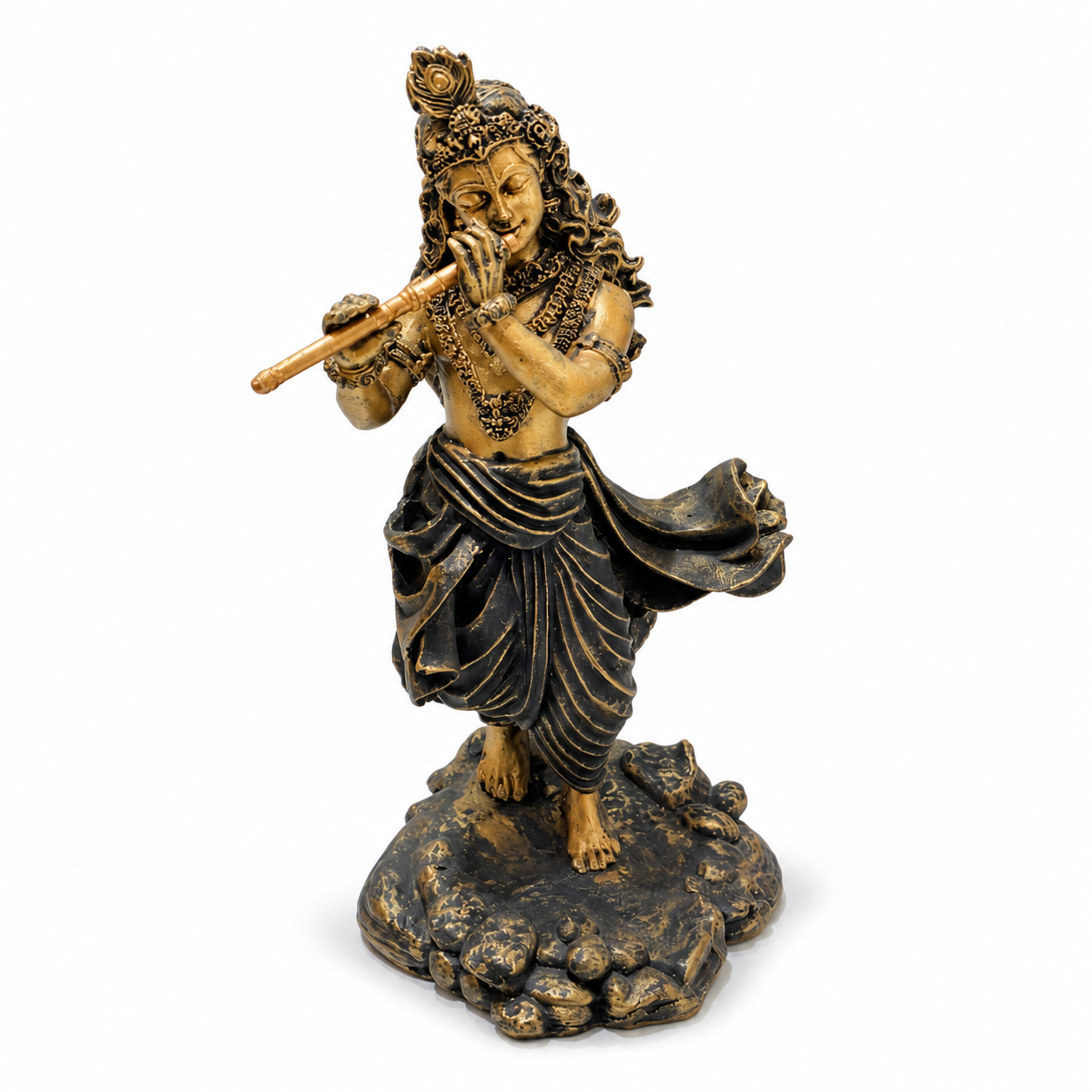 Shri Krishna Ji Flute Idol – Antique Black Gold Devotional Statue