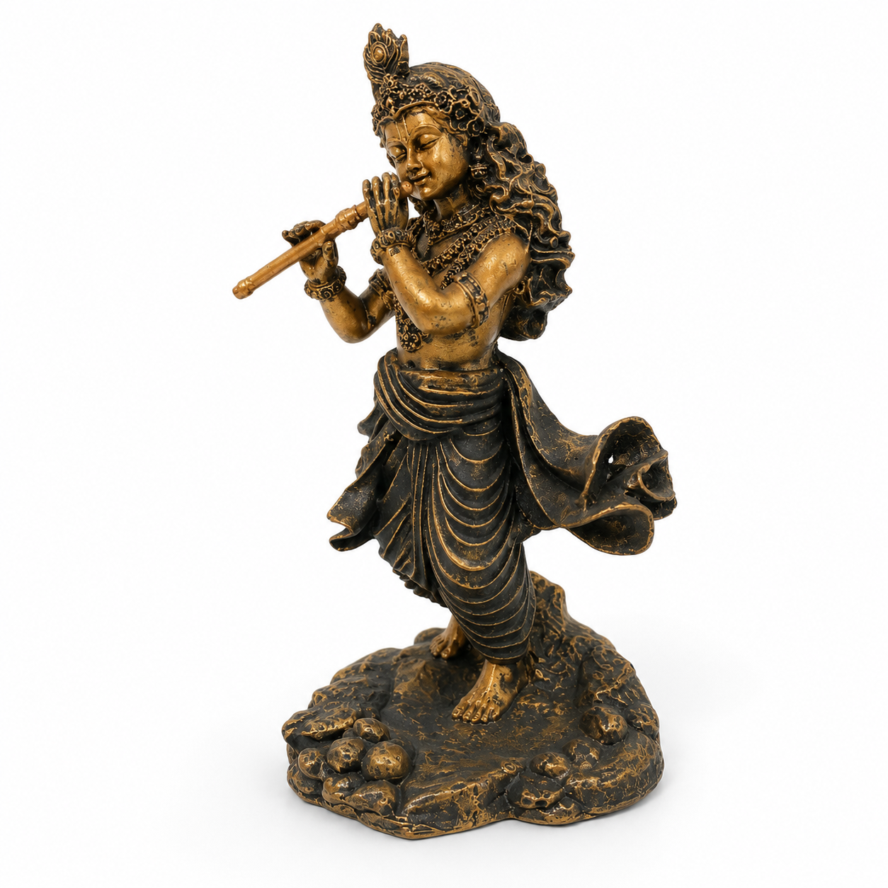 Shri Krishna Ji Flute Idol – Antique Black Gold Devotional Statue