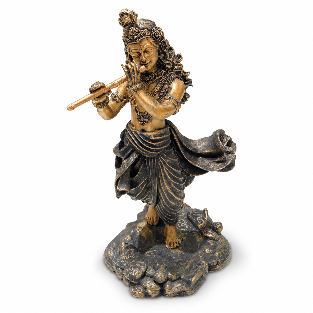 Shri Krishna Ji Flute Idol – Antique Black Gold Devotional Statue