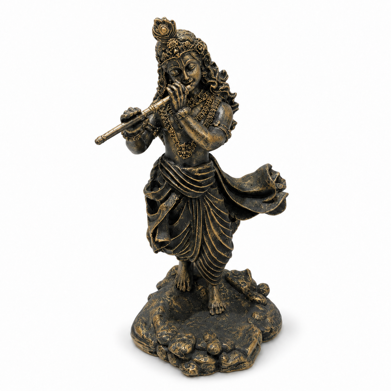 Shri Krishna Ji Bansuri Idol – Antique Black Gold Devotional Statue