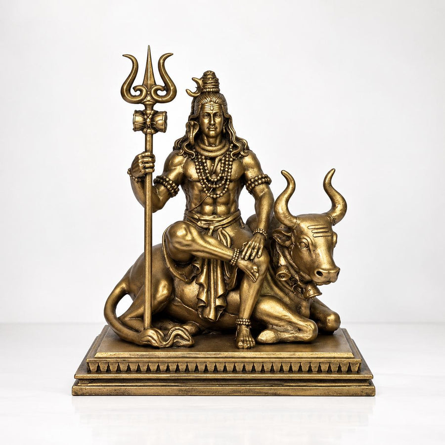 Lord Shiva Ji with Nandi & Trishul Idol – Antique Gold